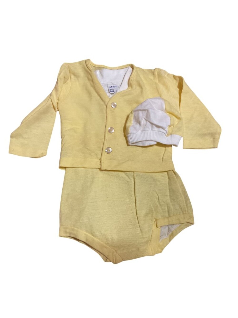 Vtg NWOT Princess Pat Baby Yellow Outfit Hat Cardigan & Romper Sz L 100% Cotton